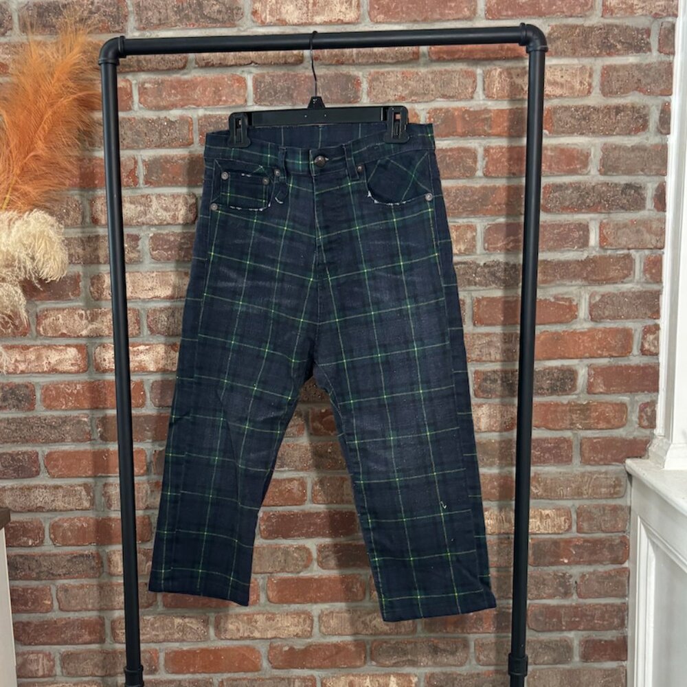 R13 Tailored Drop Black and Green Plaid Cropped Pants